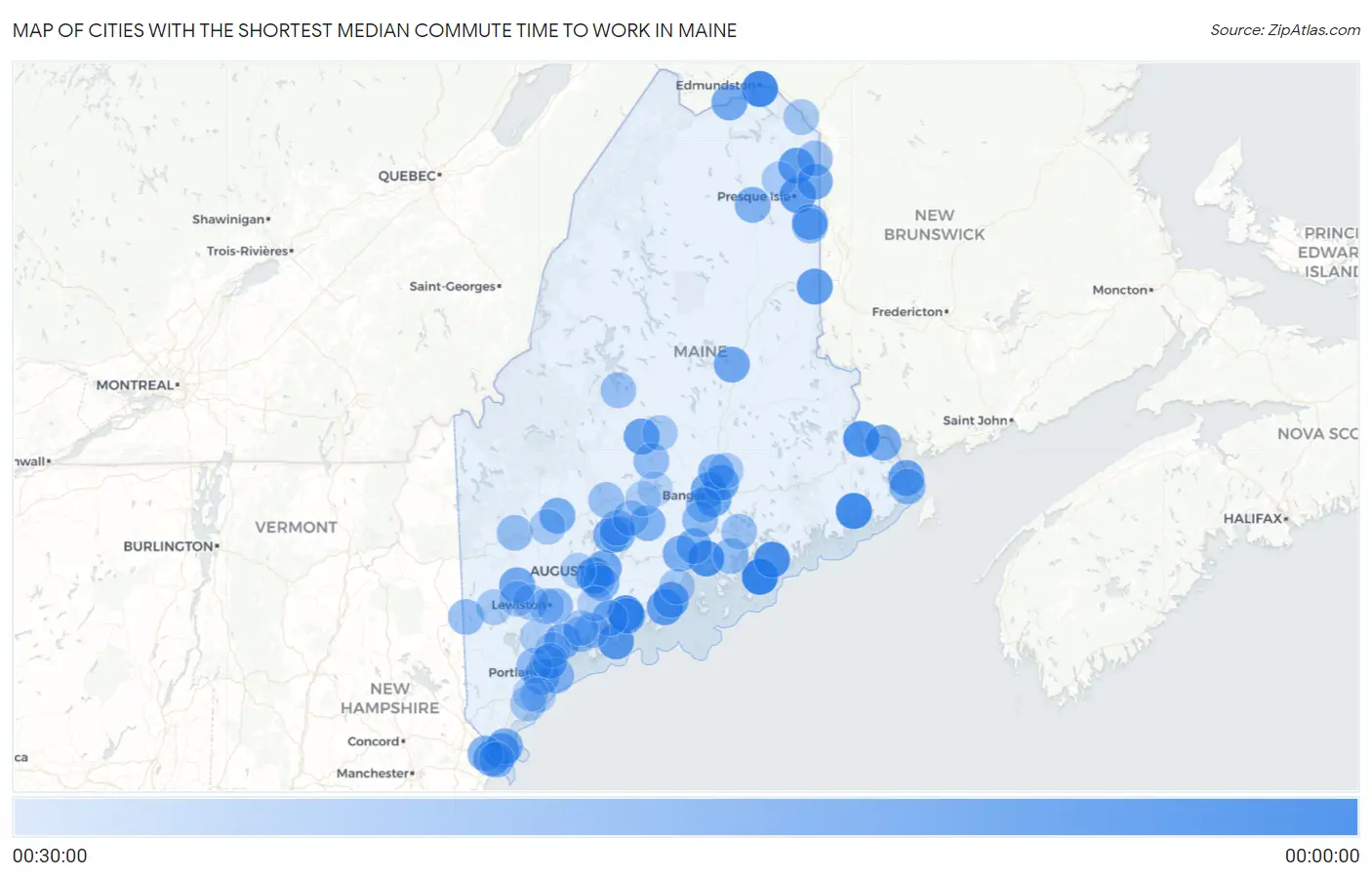 Cities with the Shortest Median Commute Time to Work in Maine Map