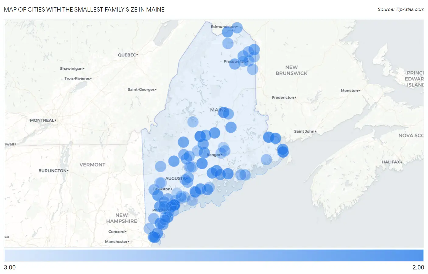 Cities with the Smallest Family Size in Maine Map