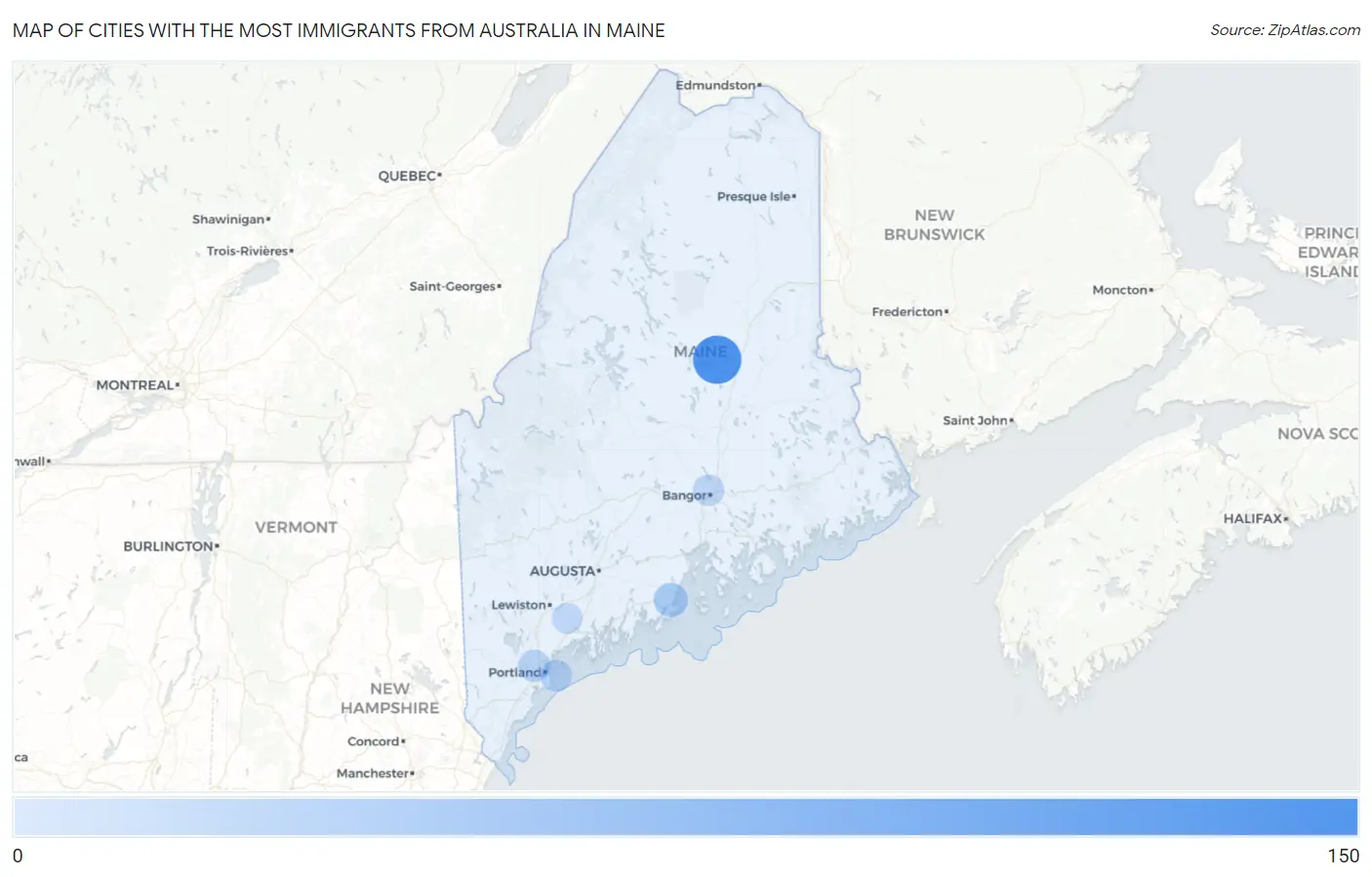 Cities with the Most Immigrants from Australia in Maine Map