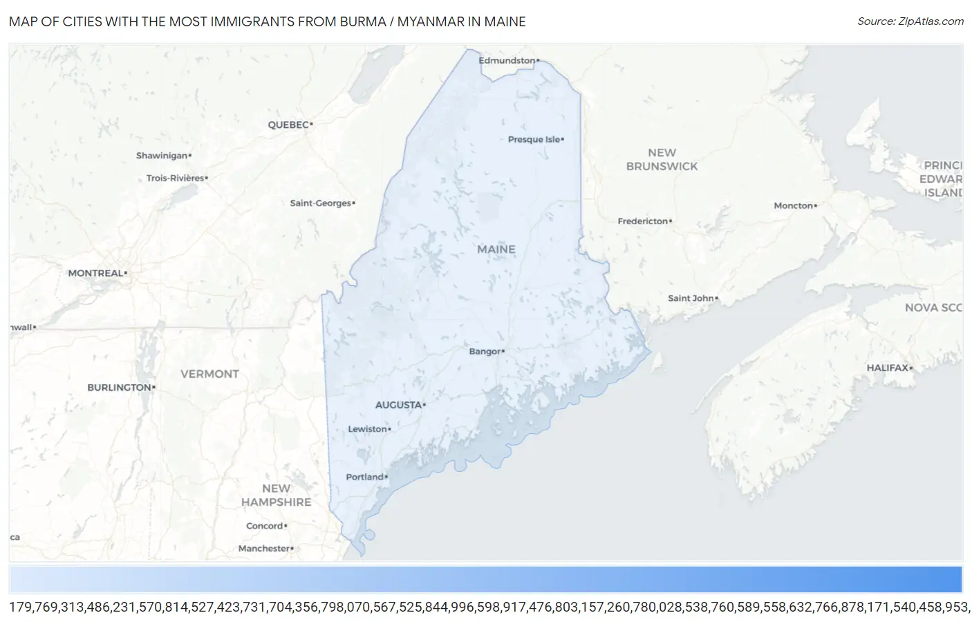 Cities with the Most Immigrants from Burma / Myanmar in Maine Map