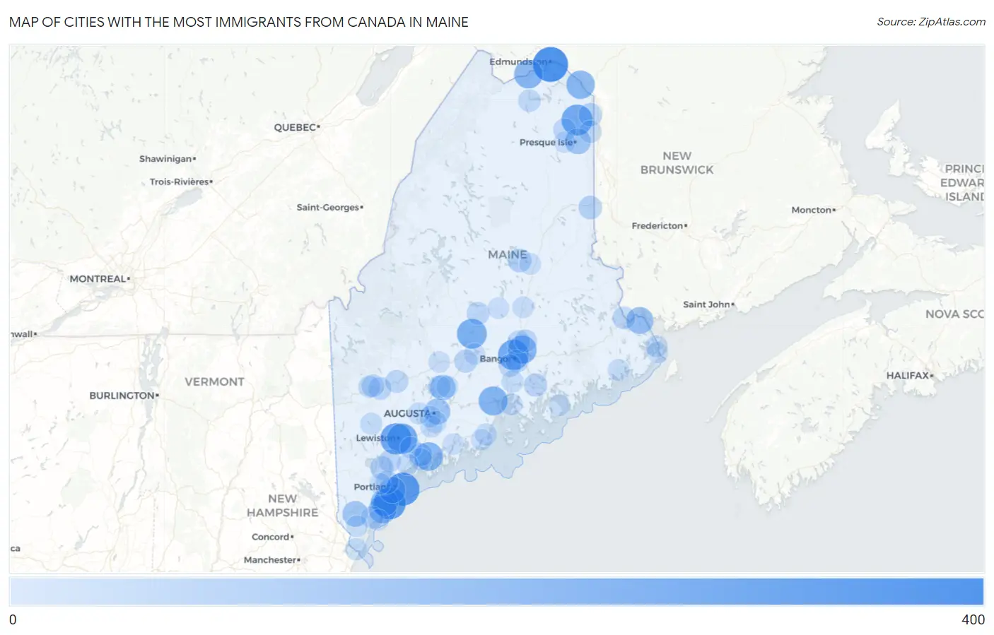 Cities with the Most Immigrants from Canada in Maine Map