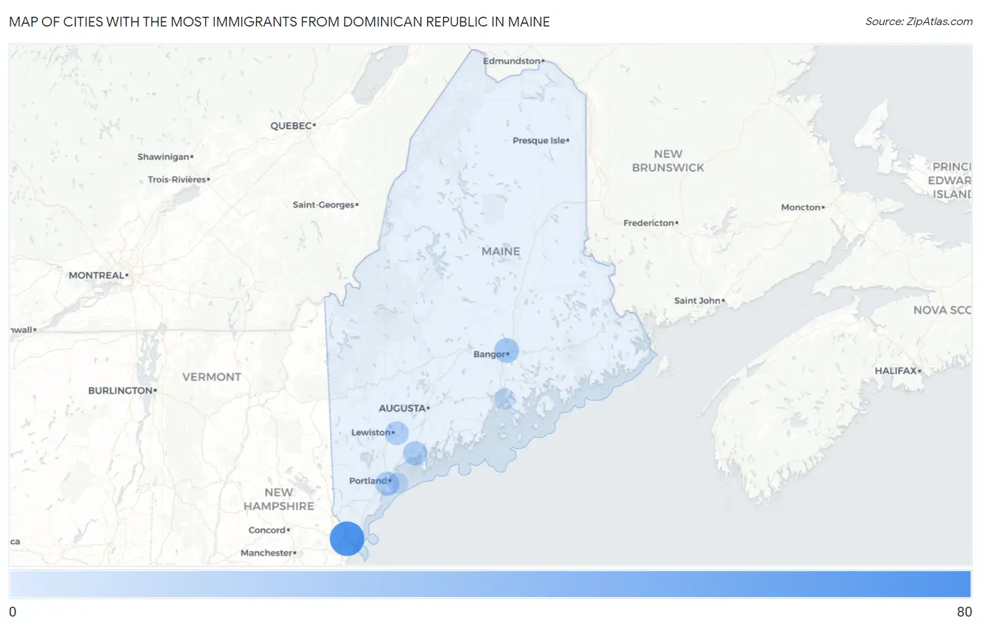Cities with the Most Immigrants from Dominican Republic in Maine Map