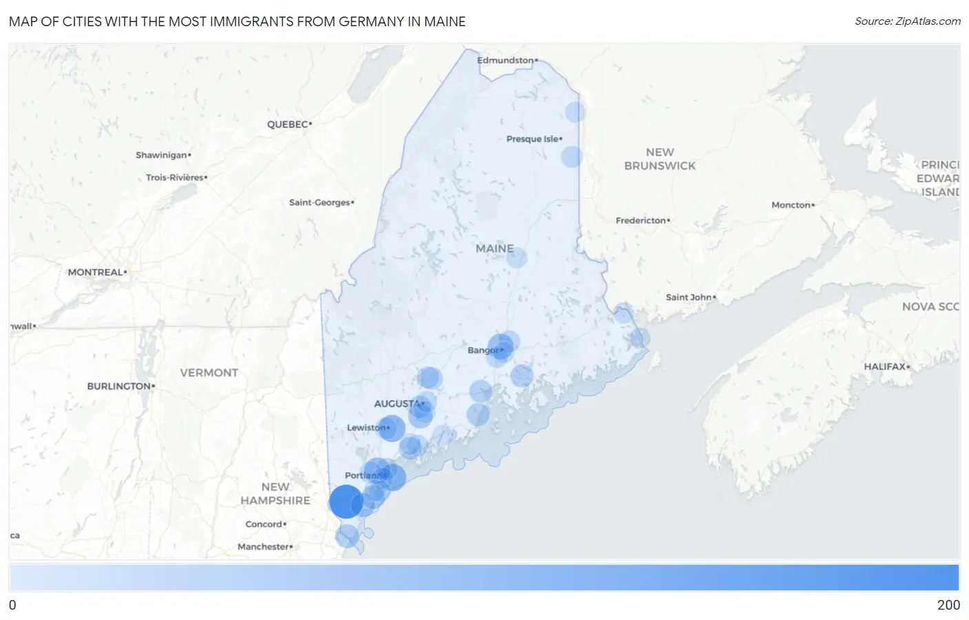 Cities with the Most Immigrants from Germany in Maine Map