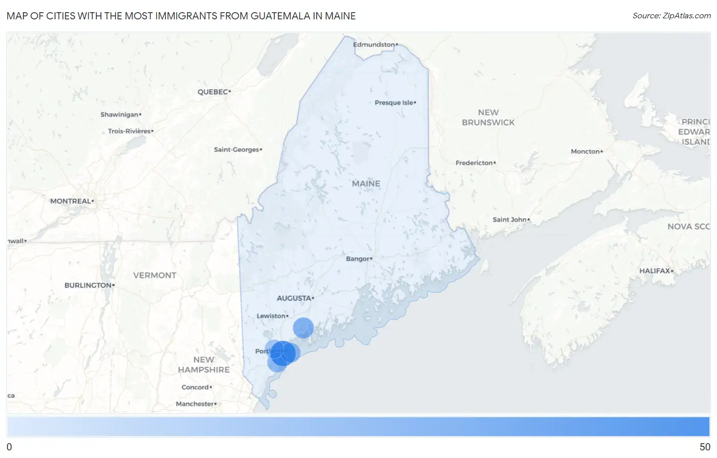 Cities with the Most Immigrants from Guatemala in Maine Map