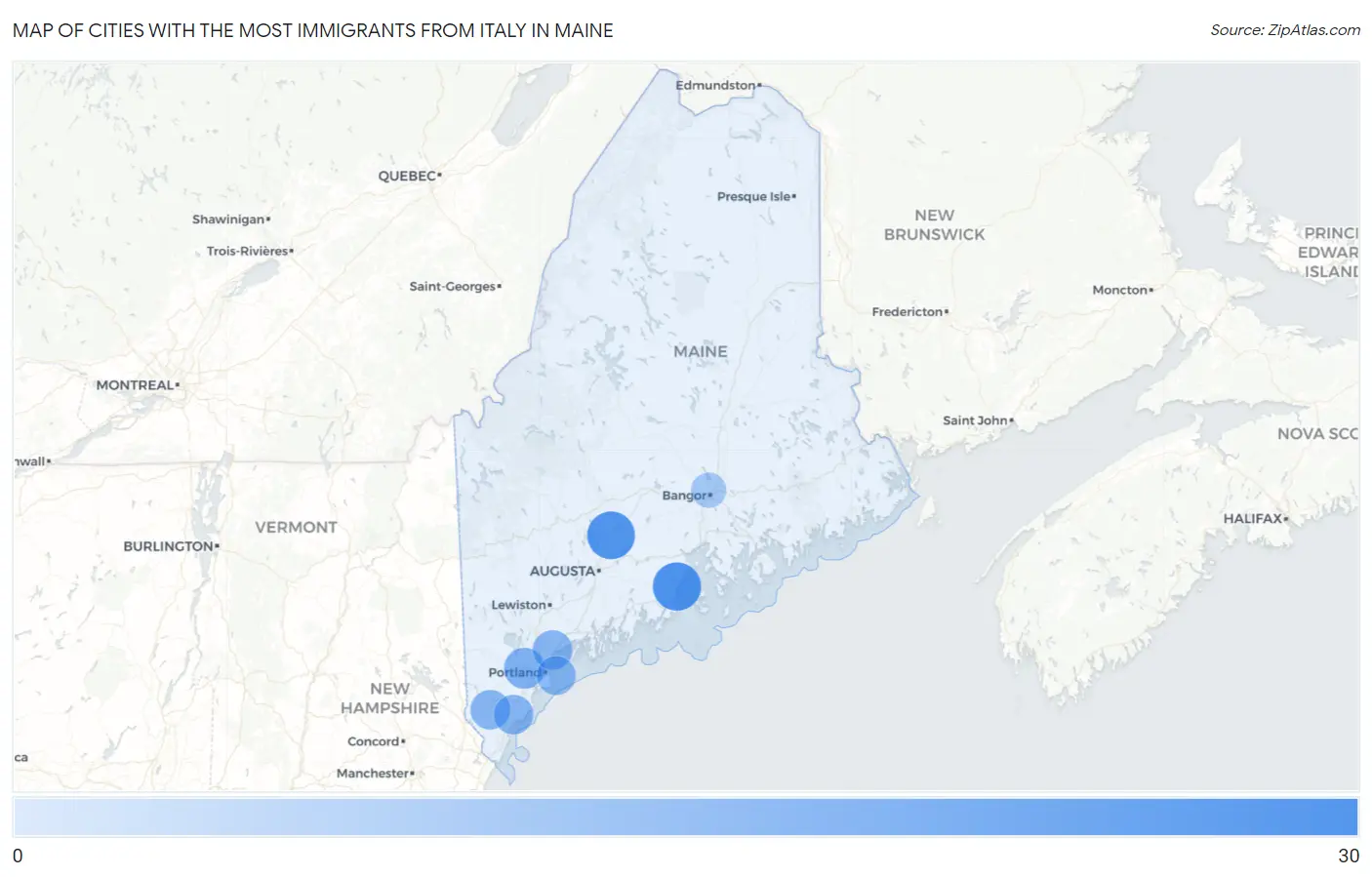 Cities with the Most Immigrants from Italy in Maine Map