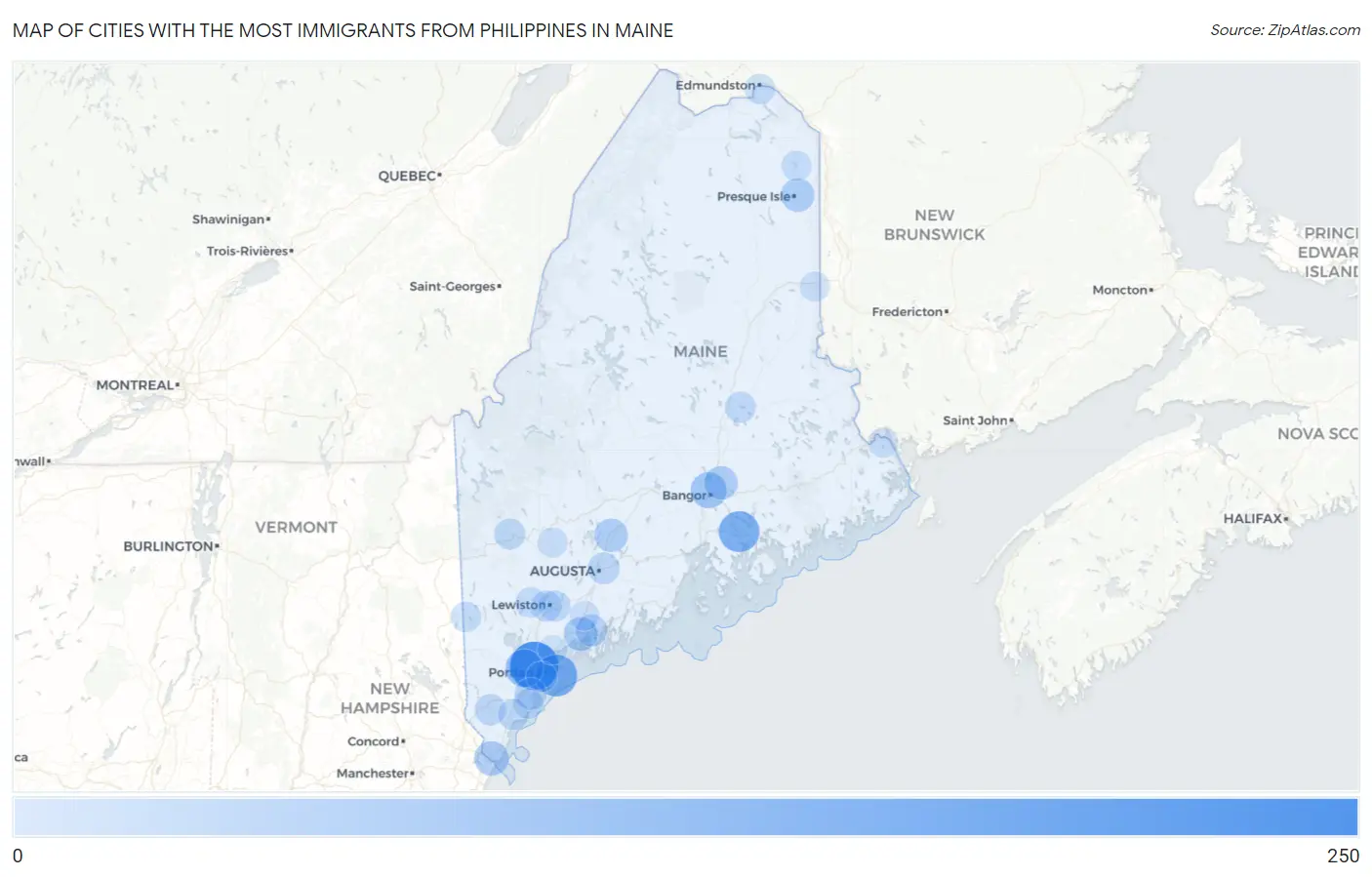 Cities with the Most Immigrants from Philippines in Maine Map