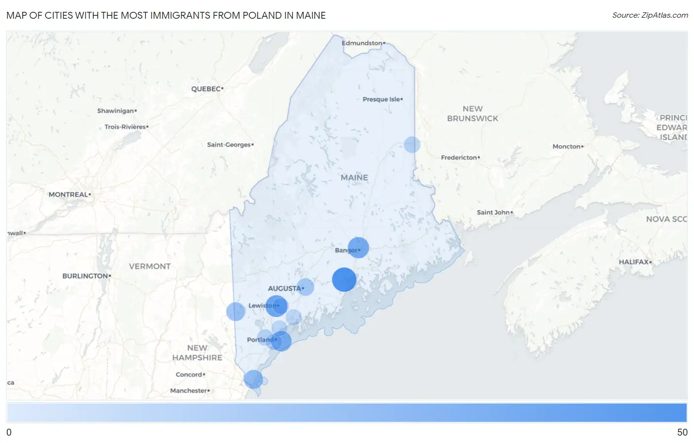 Cities with the Most Immigrants from Poland in Maine Map