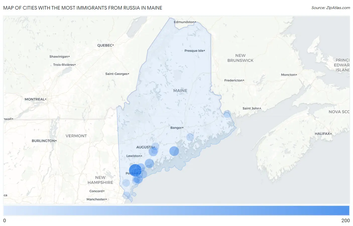 Cities with the Most Immigrants from Russia in Maine Map