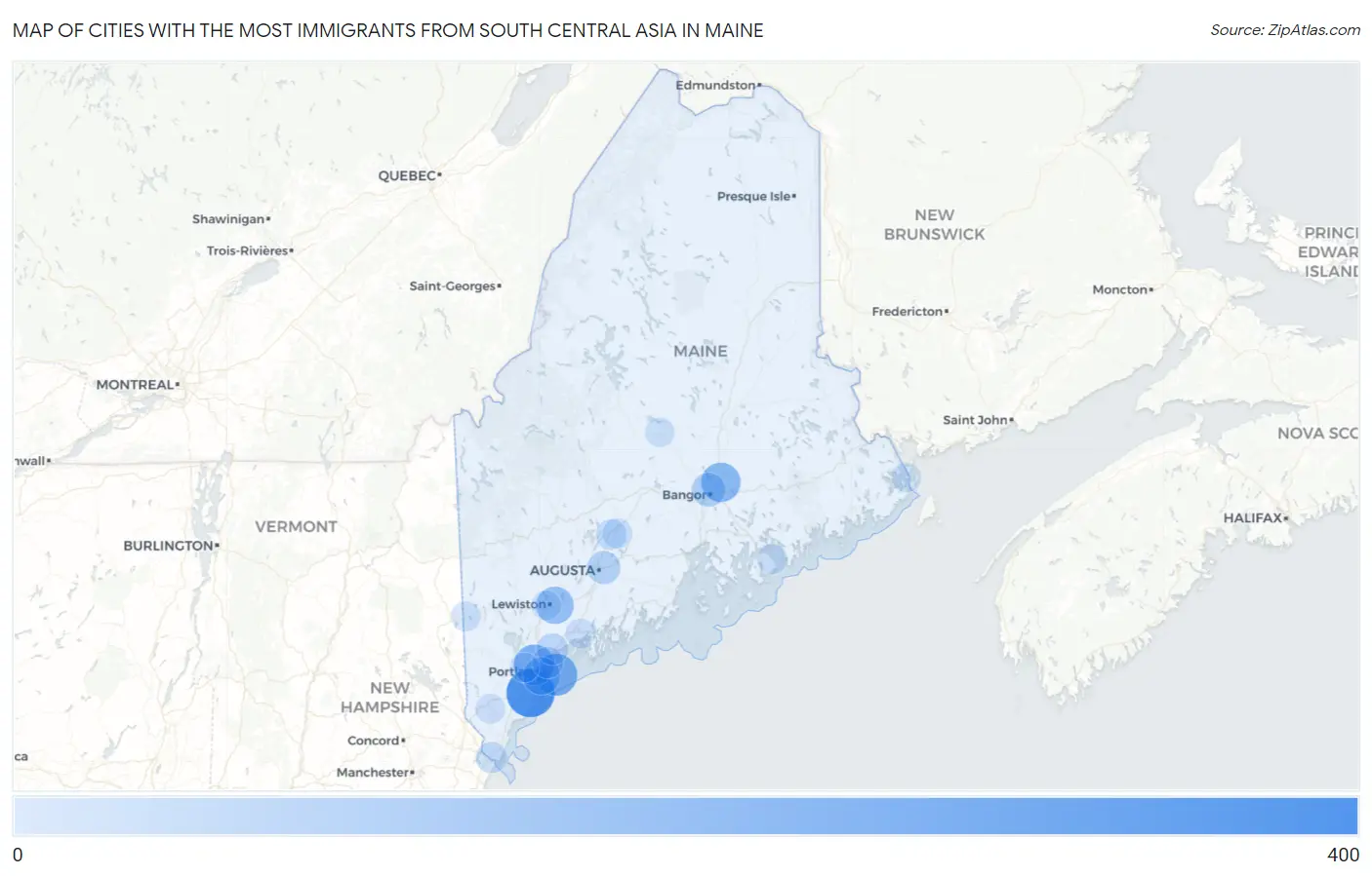 Cities with the Most Immigrants from South Central Asia in Maine Map