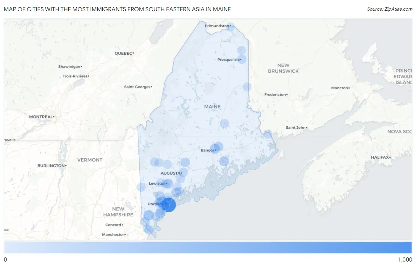 Cities with the Most Immigrants from South Eastern Asia in Maine Map