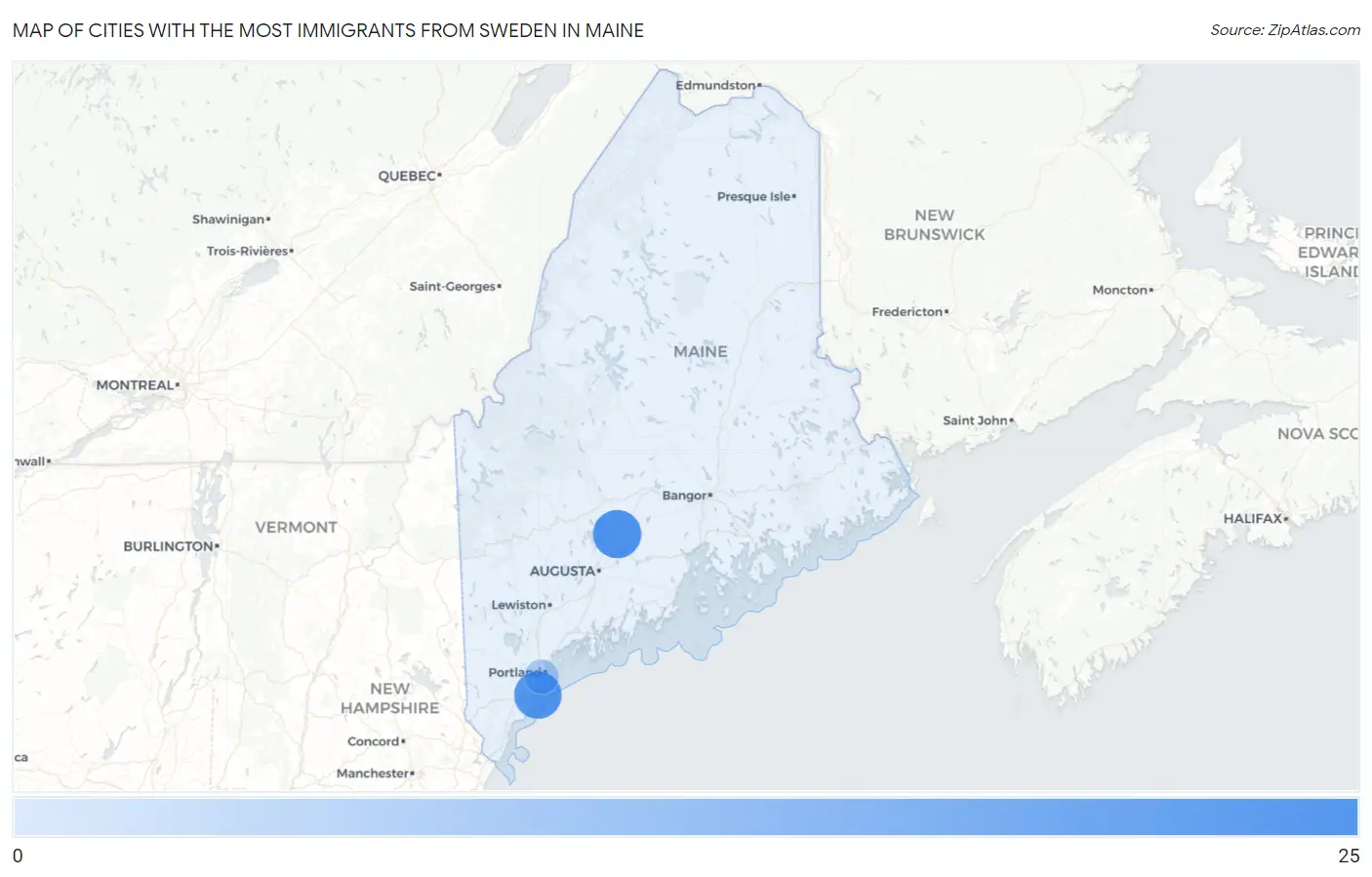 Cities with the Most Immigrants from Sweden in Maine Map