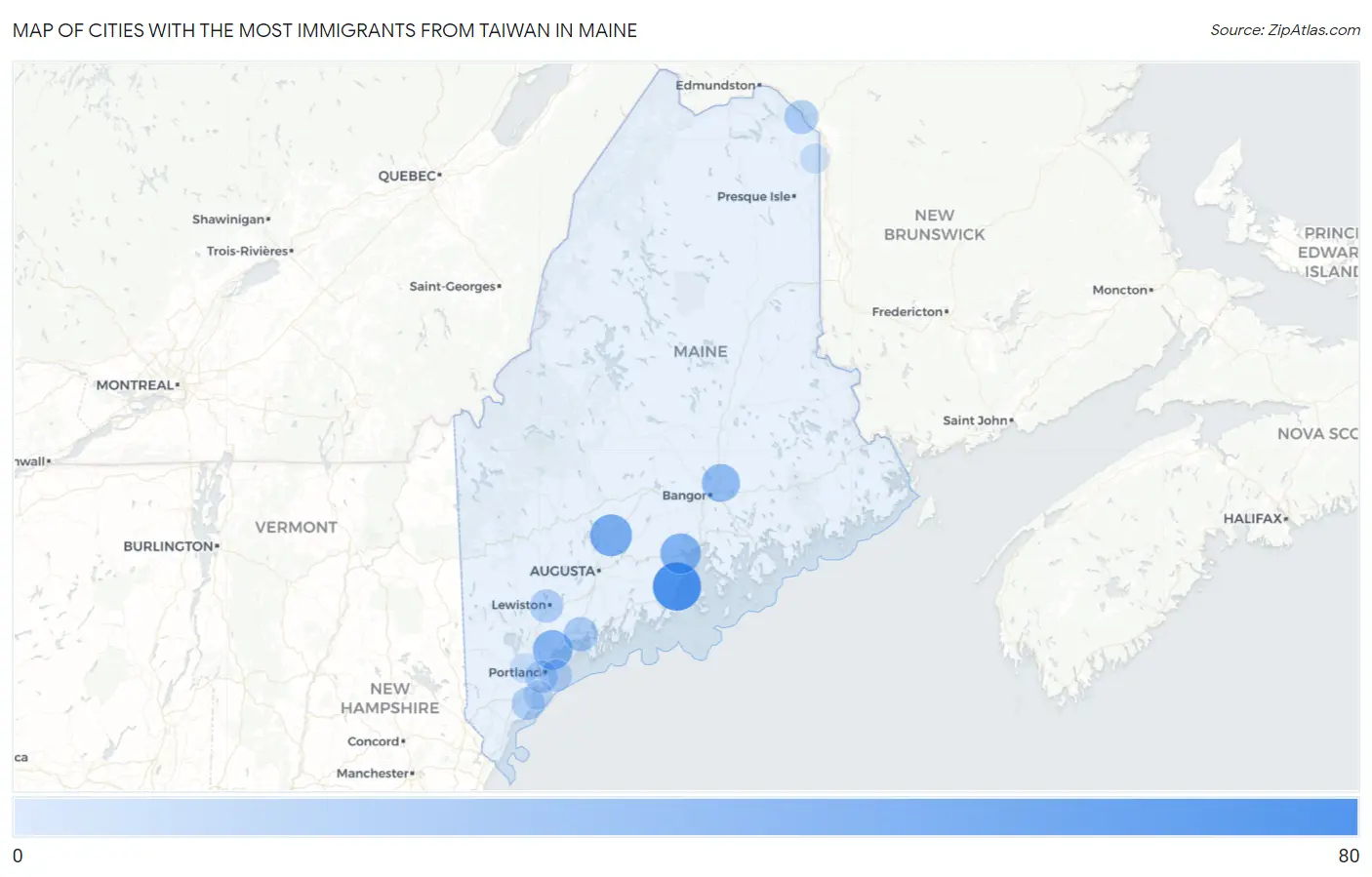 Cities with the Most Immigrants from Taiwan in Maine Map
