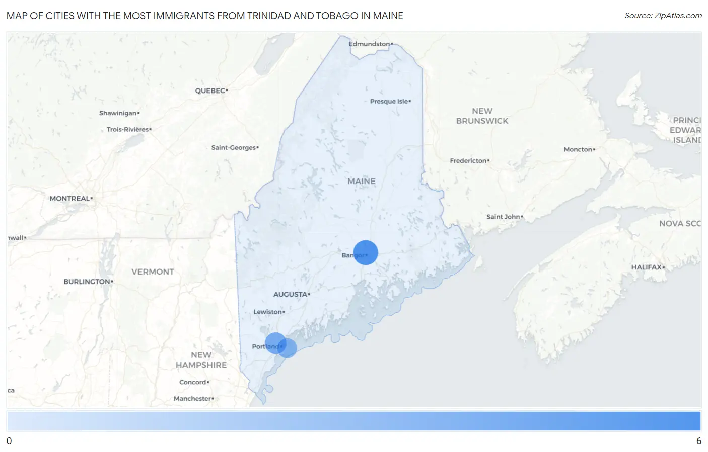 Cities with the Most Immigrants from Trinidad and Tobago in Maine Map