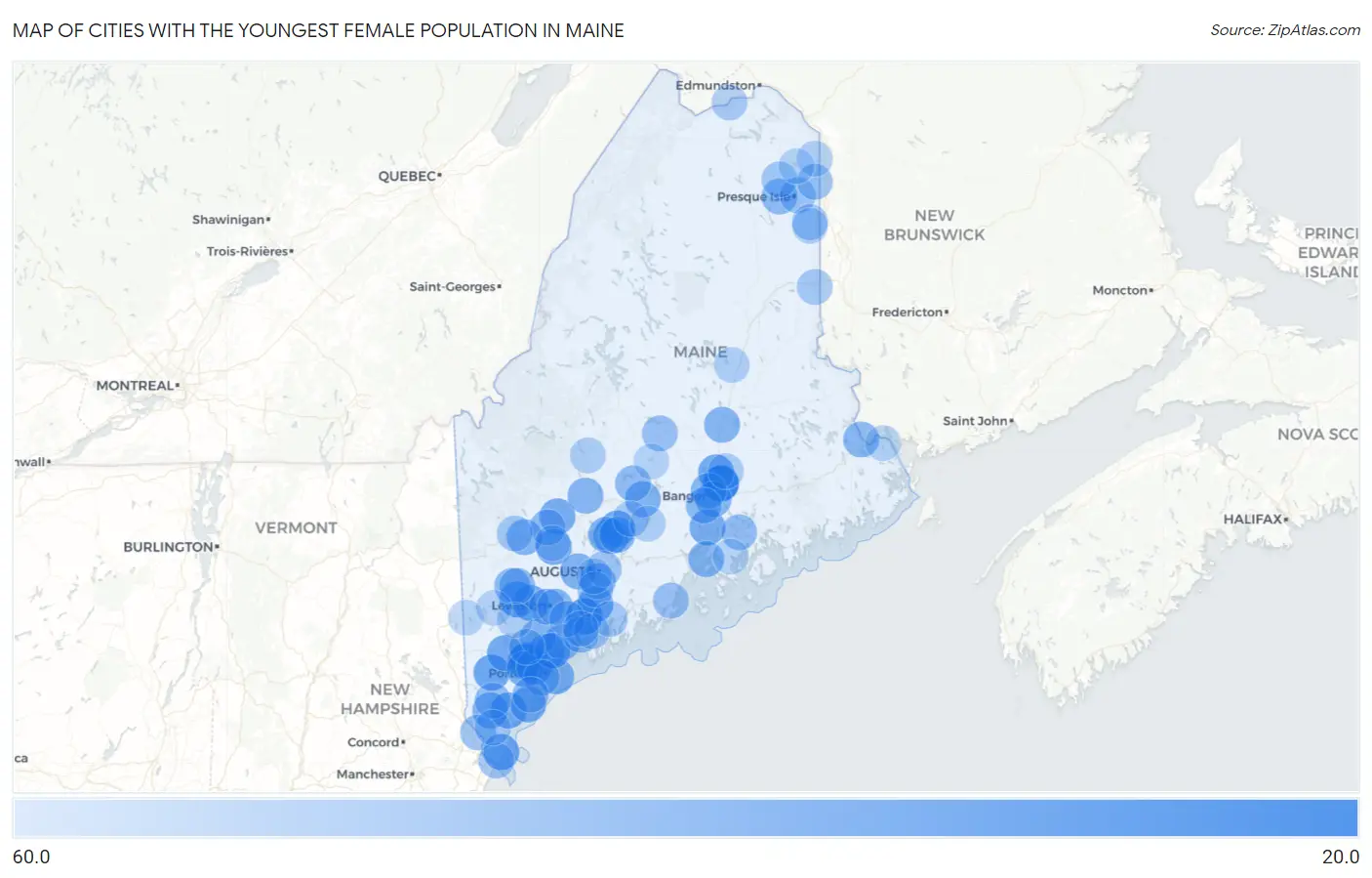 Cities with the Youngest Female Population in Maine Map