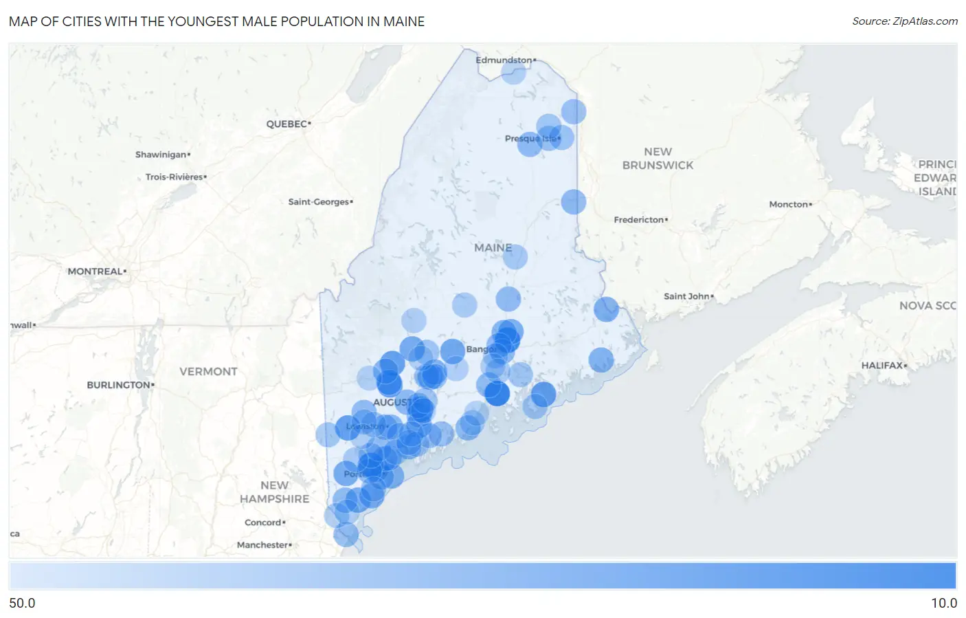 Cities with the Youngest Male Population in Maine Map