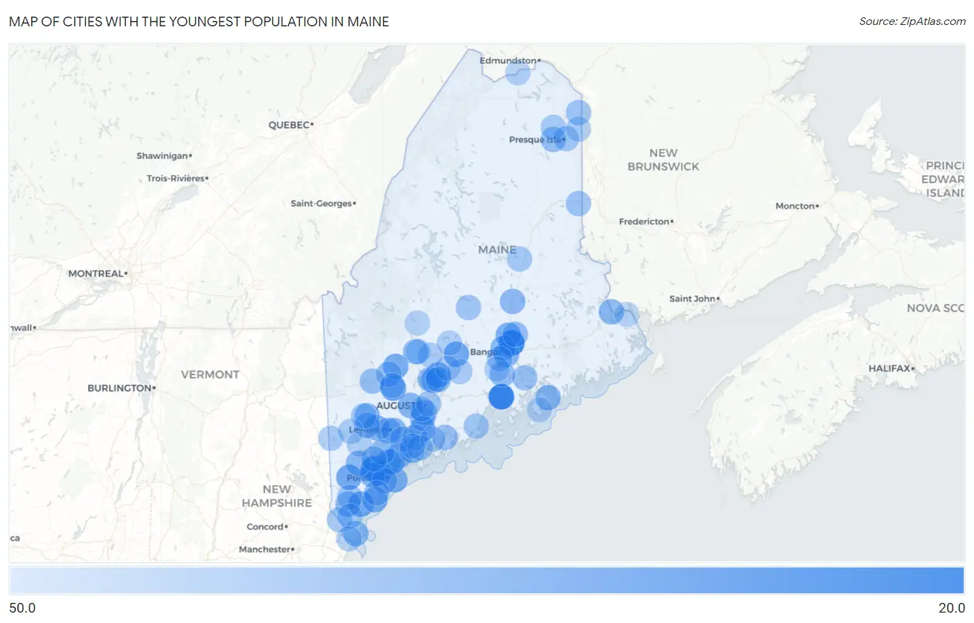 Cities with the Youngest Population in Maine Map
