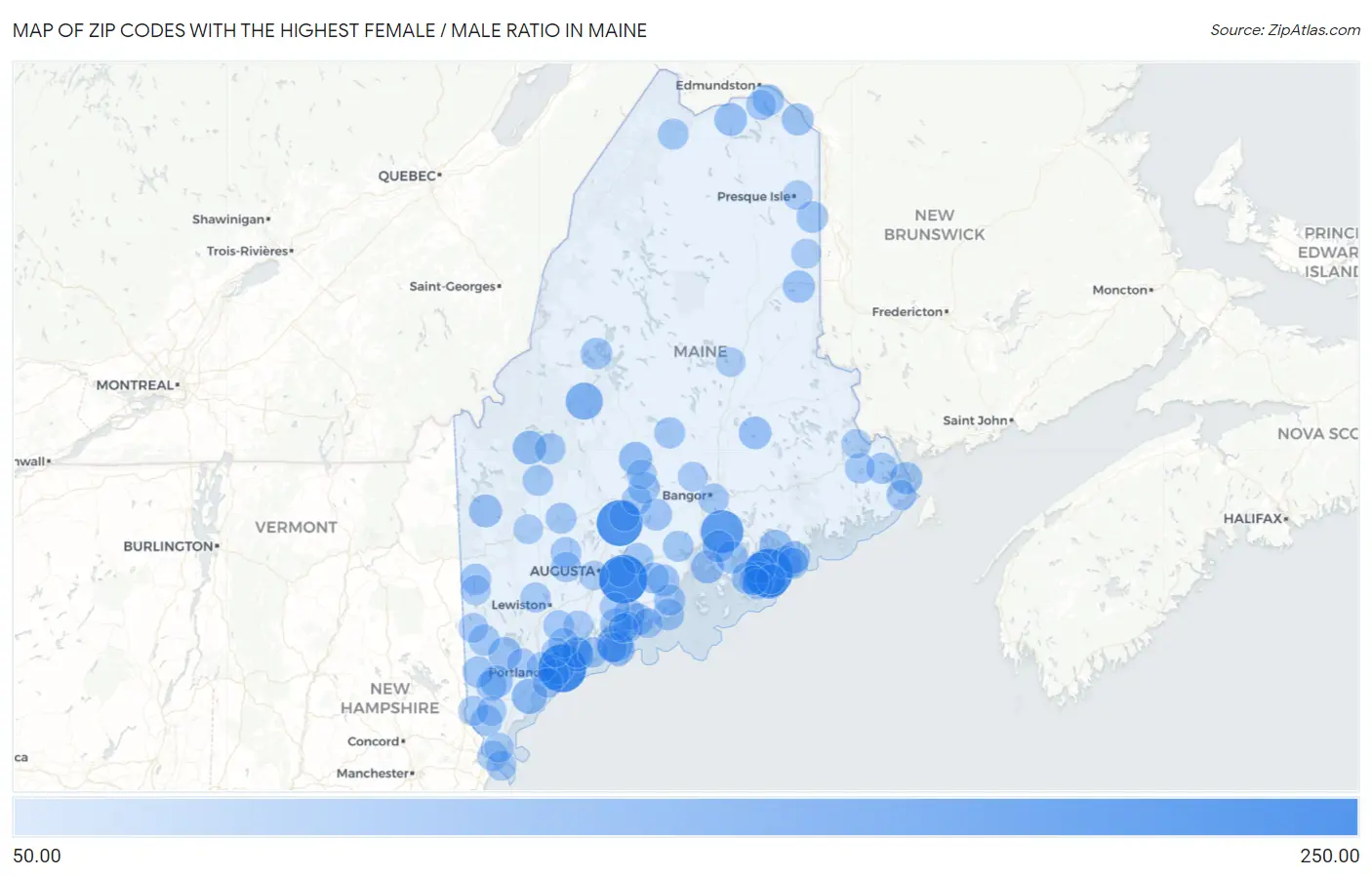 Zip Codes with the Highest Female / Male Ratio in Maine Map