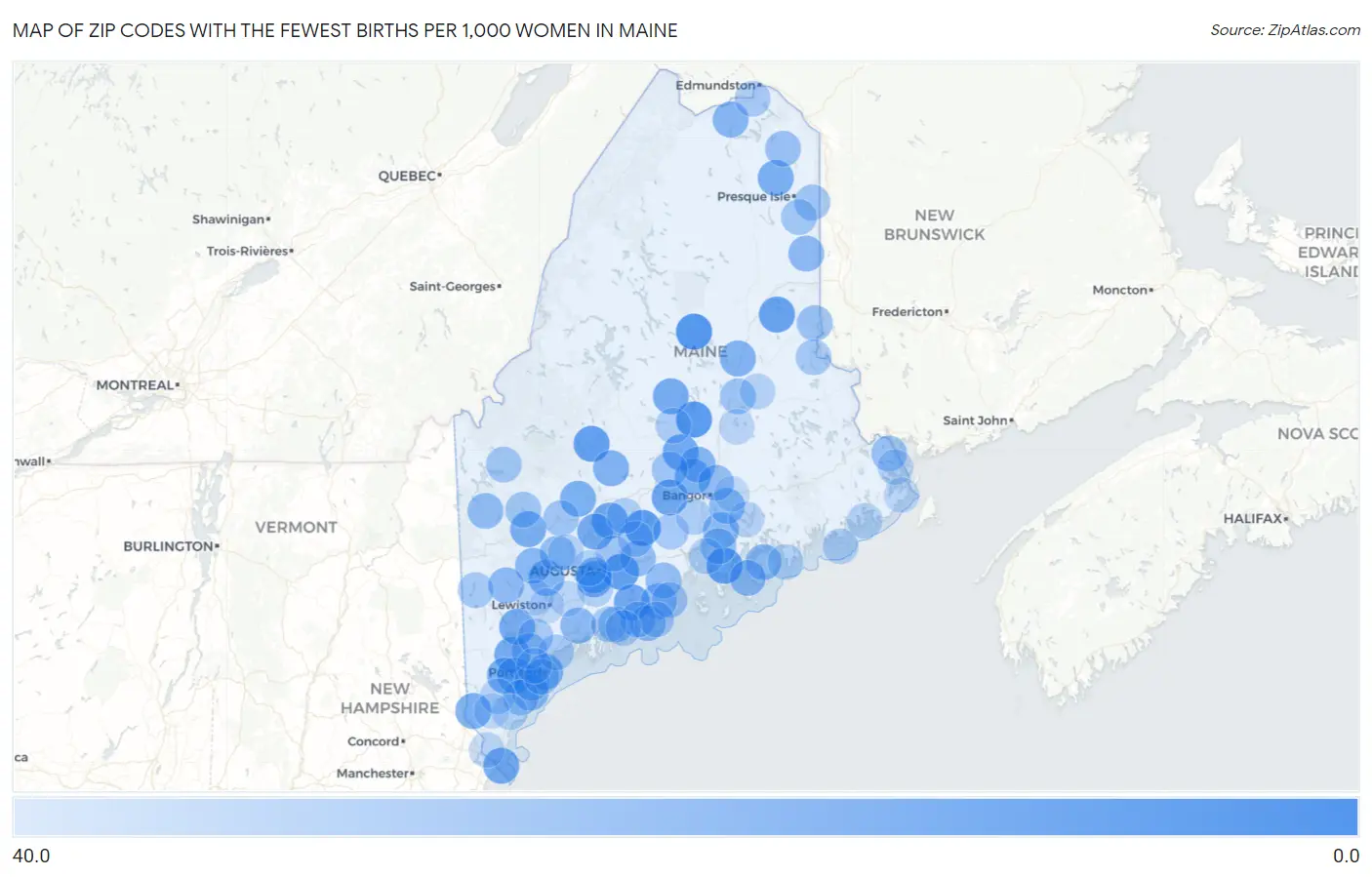 Zip Codes with the Fewest Births per 1,000 Women in Maine Map