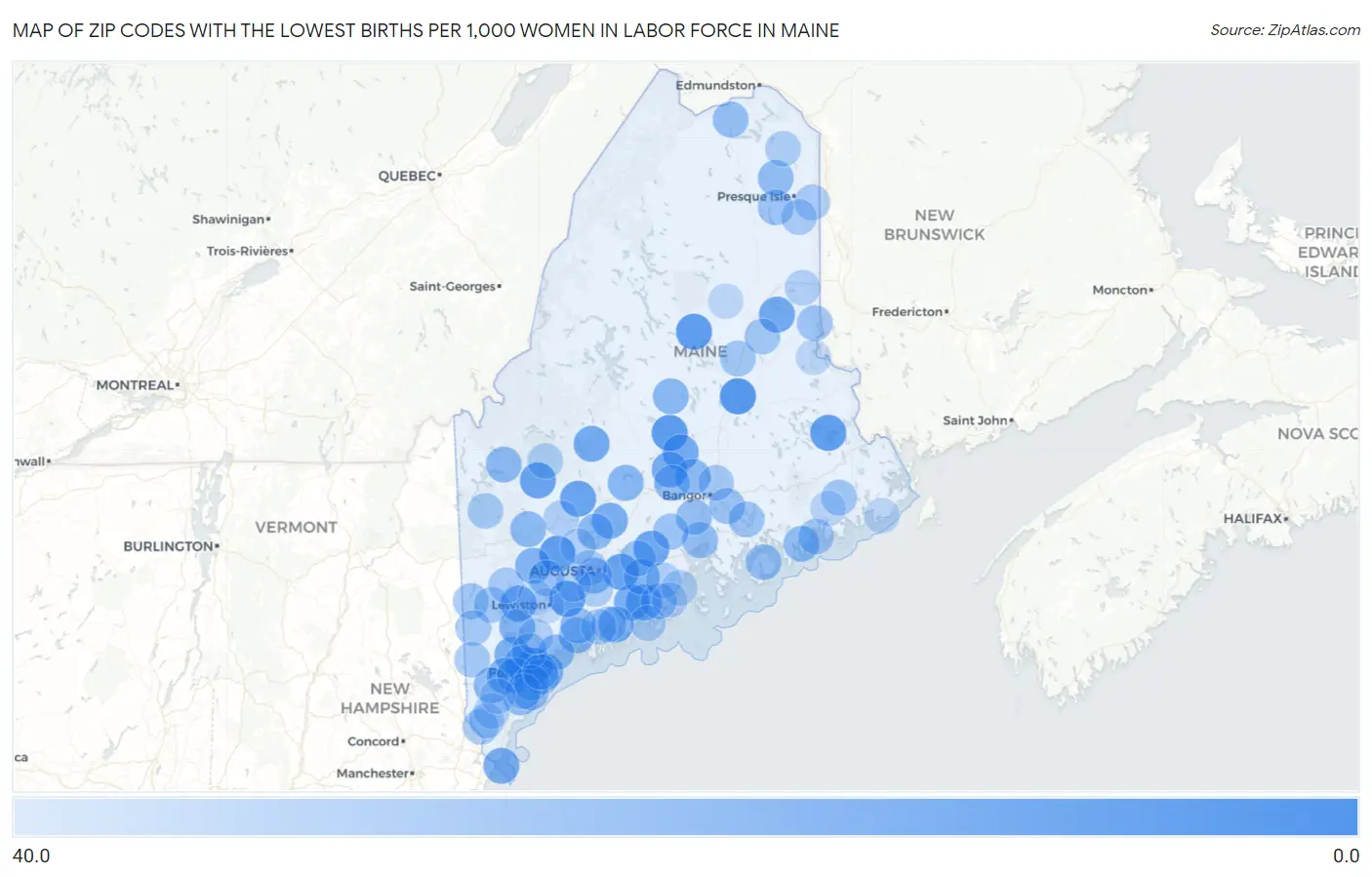 Zip Codes with the Lowest Births per 1,000 Women in Labor Force in Maine Map