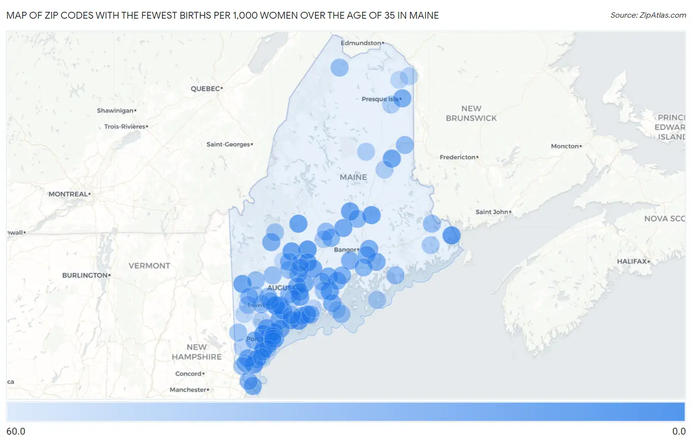 Zip Codes with the Fewest Births per 1,000 Women Over the Age of 35 in Maine Map