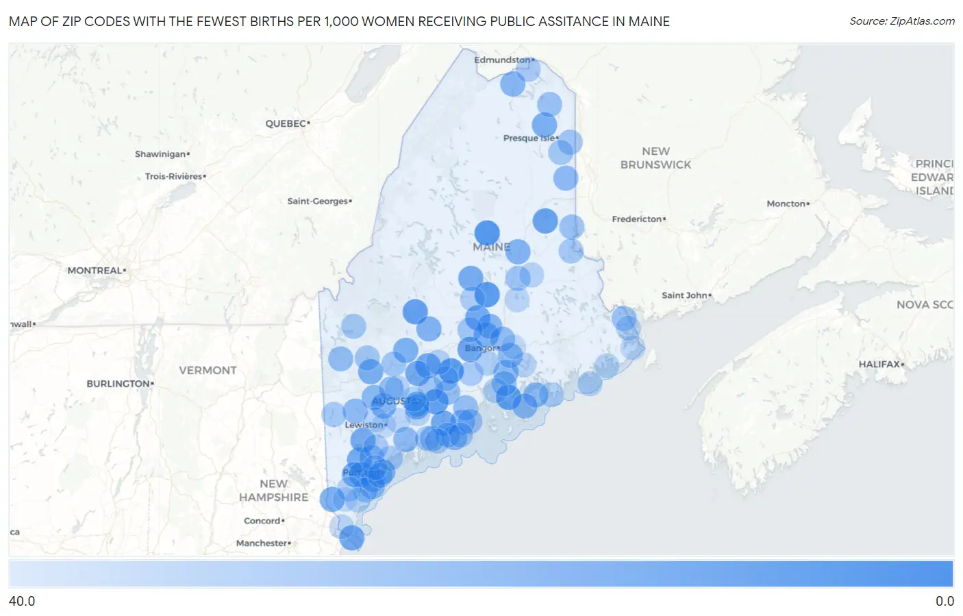 Zip Codes with the Fewest Births per 1,000 Women Receiving Public Assitance in Maine Map