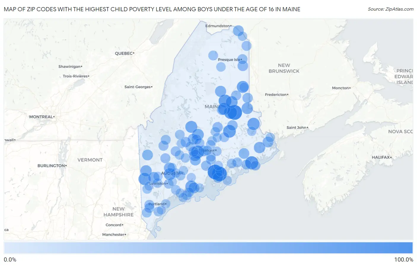 Zip Codes with the Highest Child Poverty Level Among Boys Under the Age of 16 in Maine Map