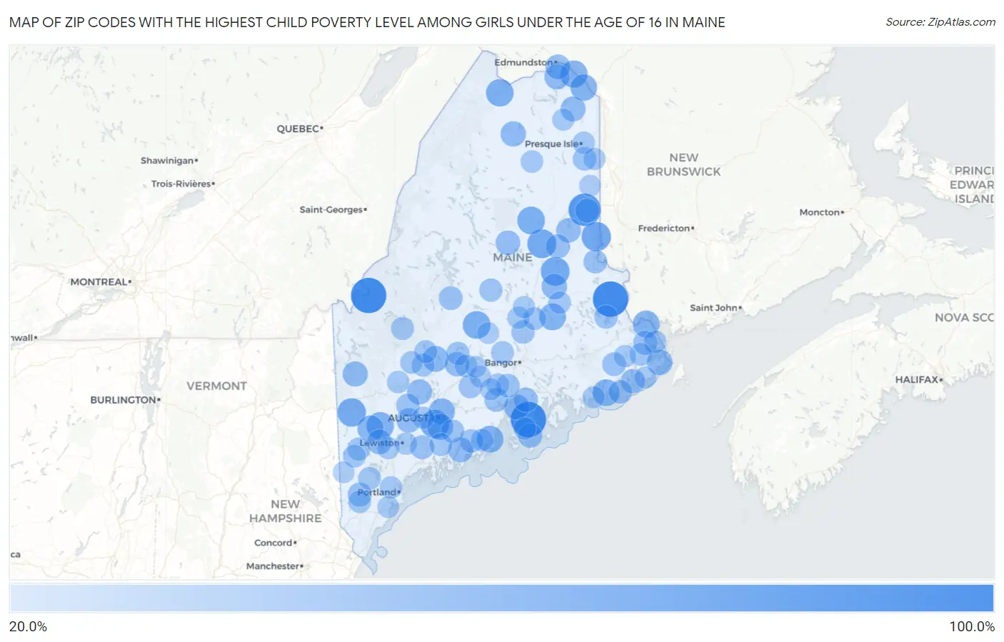 Zip Codes with the Highest Child Poverty Level Among Girls Under the Age of 16 in Maine Map