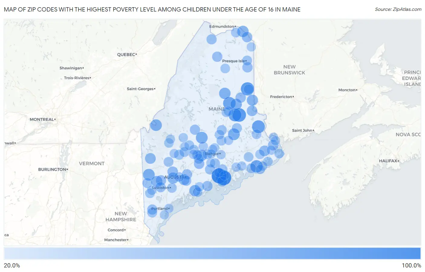 Zip Codes with the Highest Poverty Level Among Children Under the Age of 16 in Maine Map