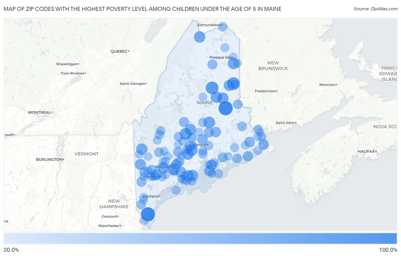 Zip Codes with the Highest Poverty Level Among Children Under the Age of 5 in Maine Map