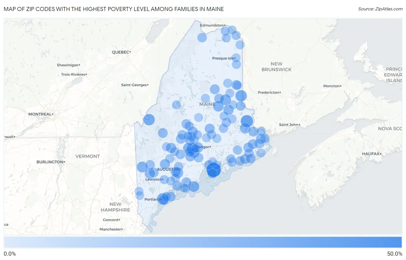 Zip Codes with the Highest Poverty Level Among Families in Maine Map