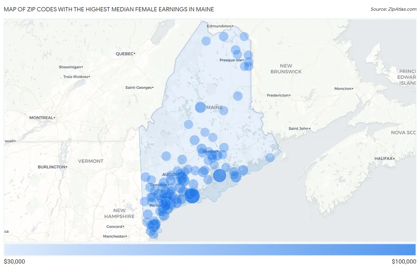 Zip Codes with the Highest Median Female Earnings in Maine Map