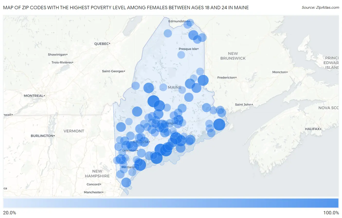 Zip Codes with the Highest Poverty Level Among Females Between Ages 18 and 24 in Maine Map