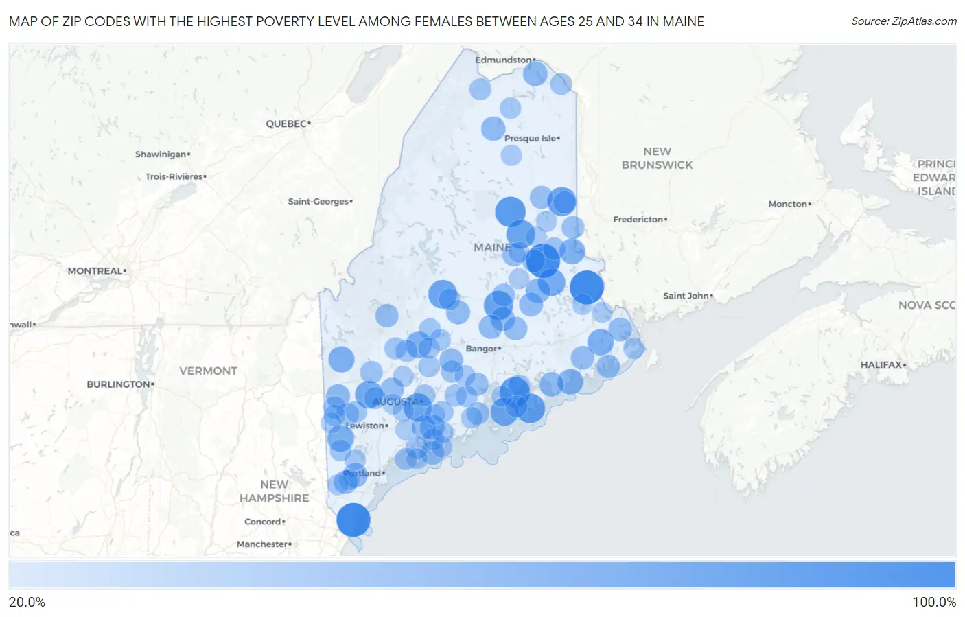 Zip Codes with the Highest Poverty Level Among Females Between Ages 25 and 34 in Maine Map