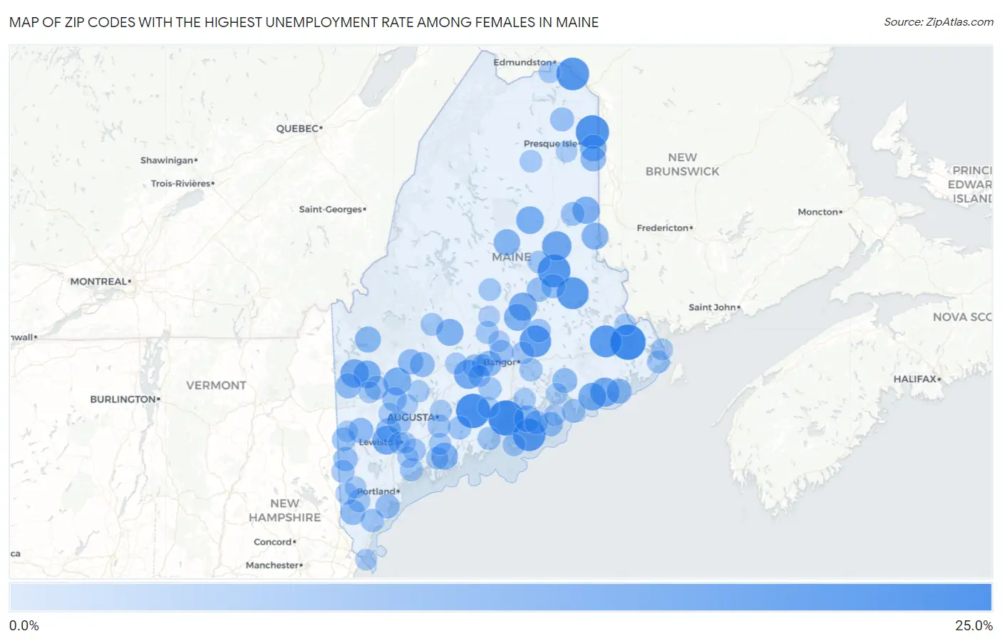 Zip Codes with the Highest Unemployment Rate Among Females in Maine Map