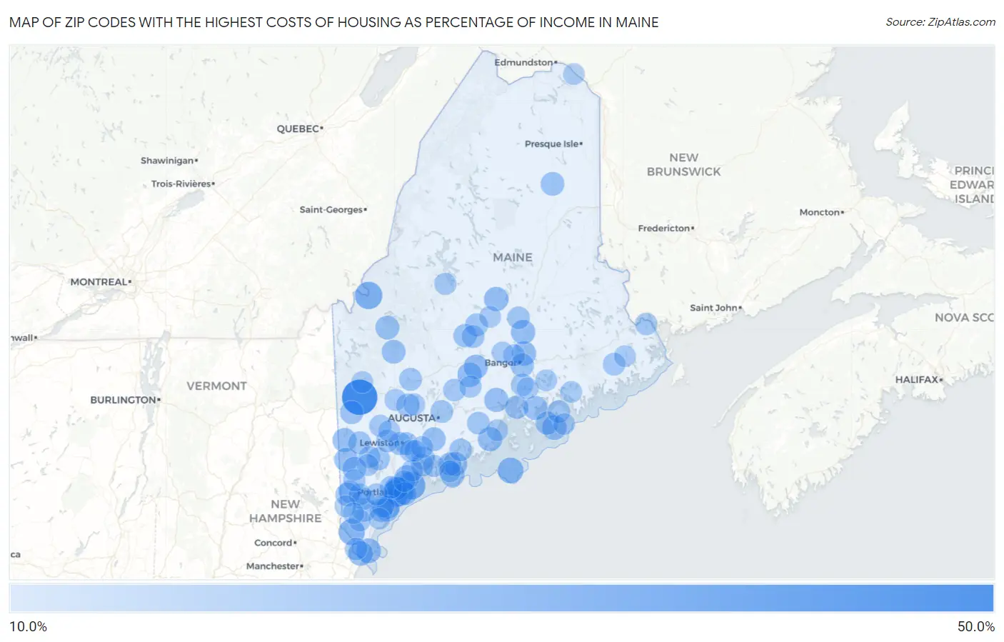 Zip Codes with the Highest Costs of Housing as Percentage of Income in Maine Map