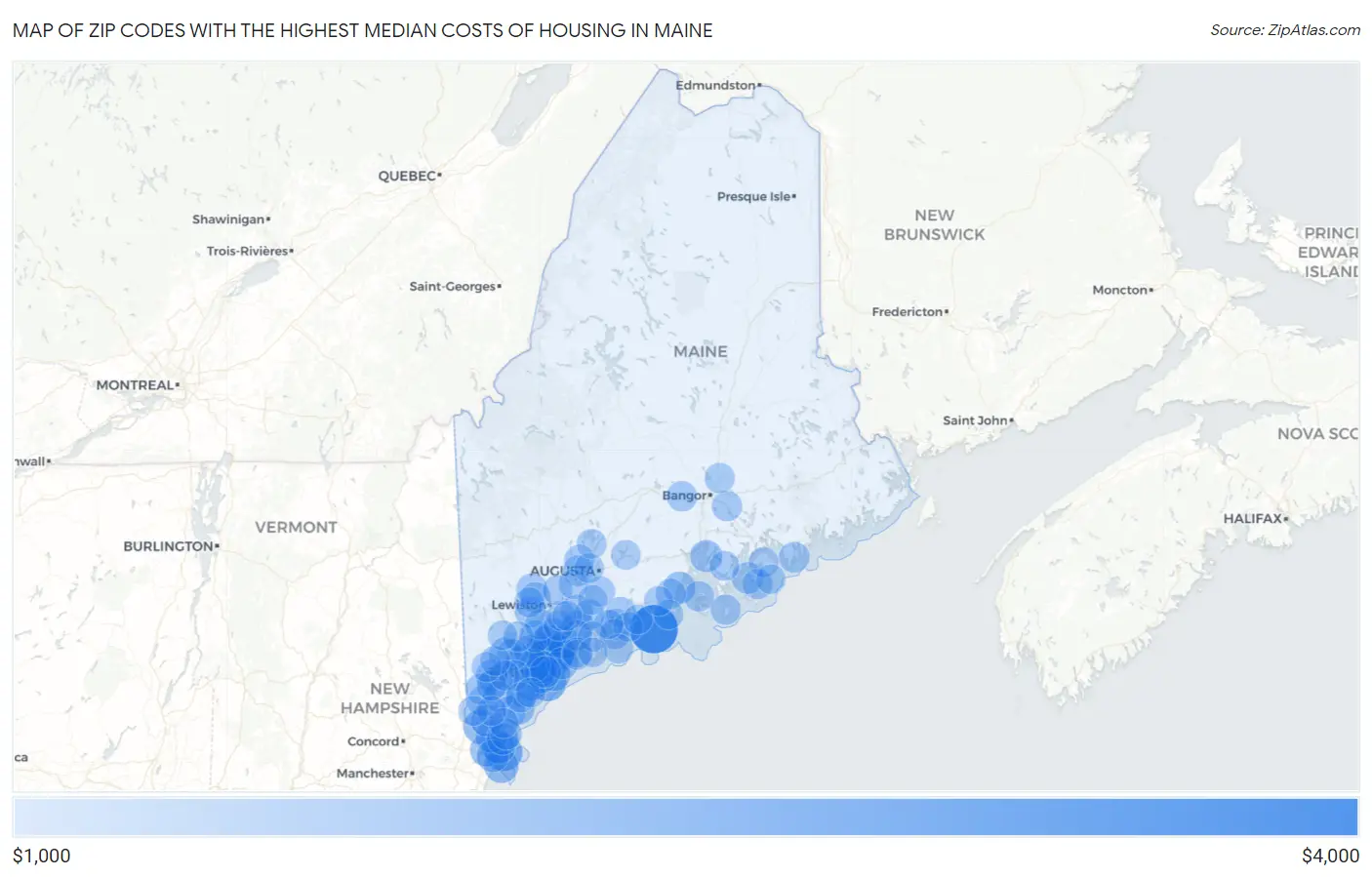 Zip Codes with the Highest Median Costs of Housing in Maine Map