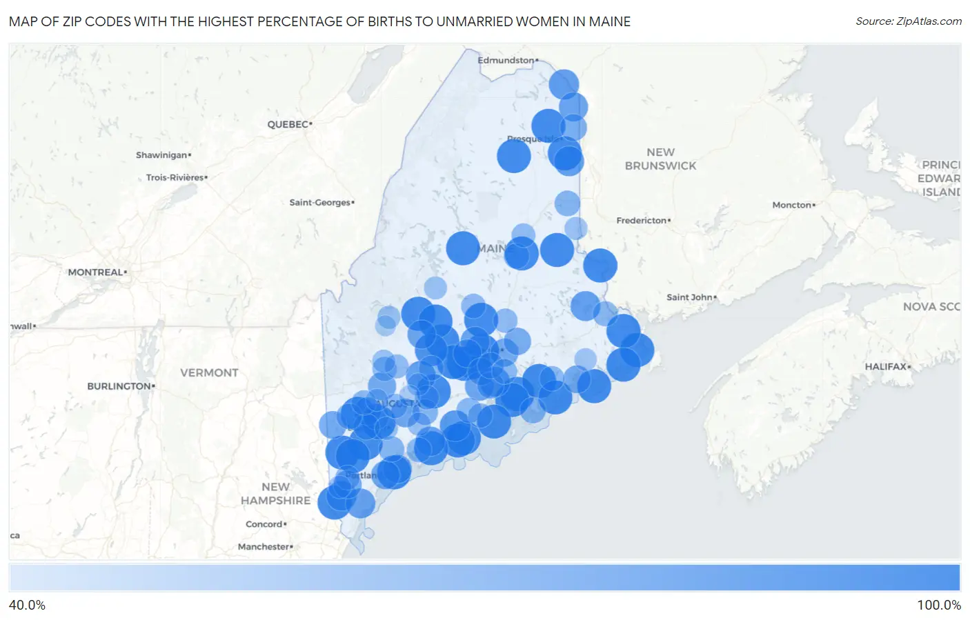 Zip Codes with the Highest Percentage of Births to Unmarried Women in Maine Map