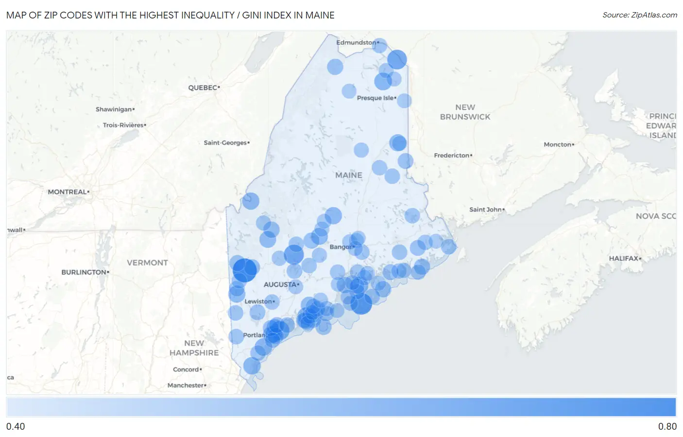 Zip Codes with the Highest Inequality / Gini Index in Maine Map