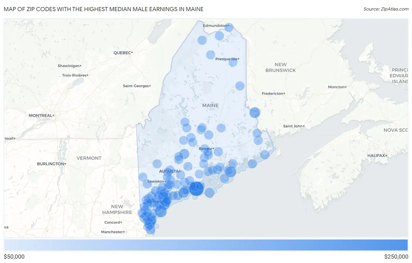 Zip Codes with the Highest Median Male Earnings in Maine Map