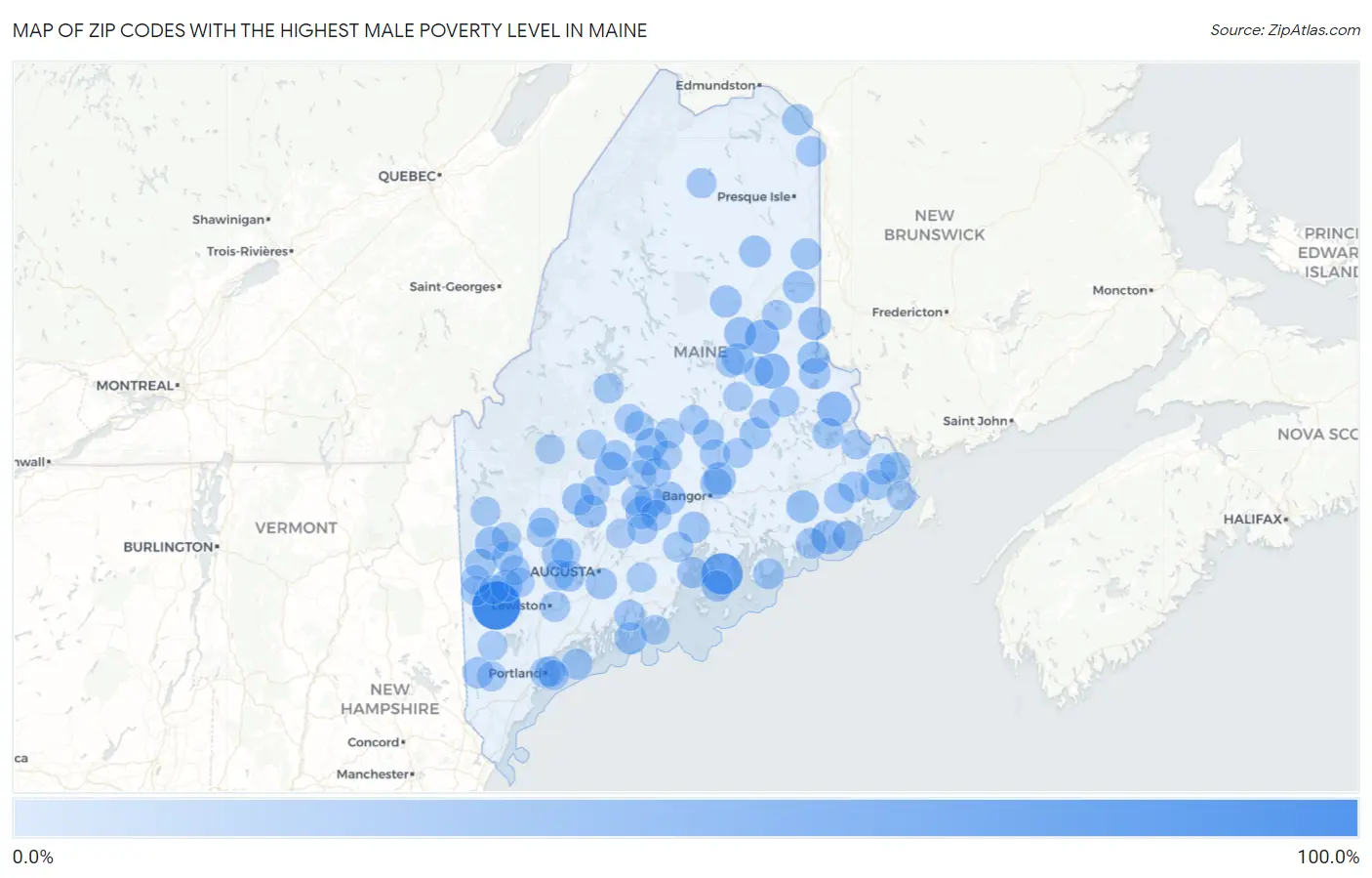 Zip Codes with the Highest Male Poverty Level in Maine Map