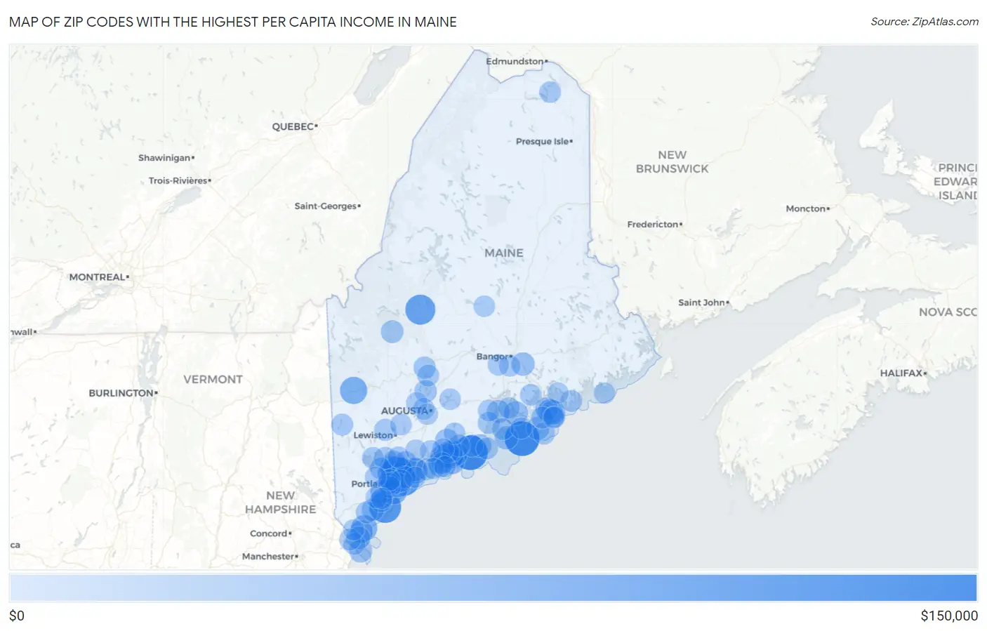 Zip Codes with the Highest Per Capita Income in Maine Map