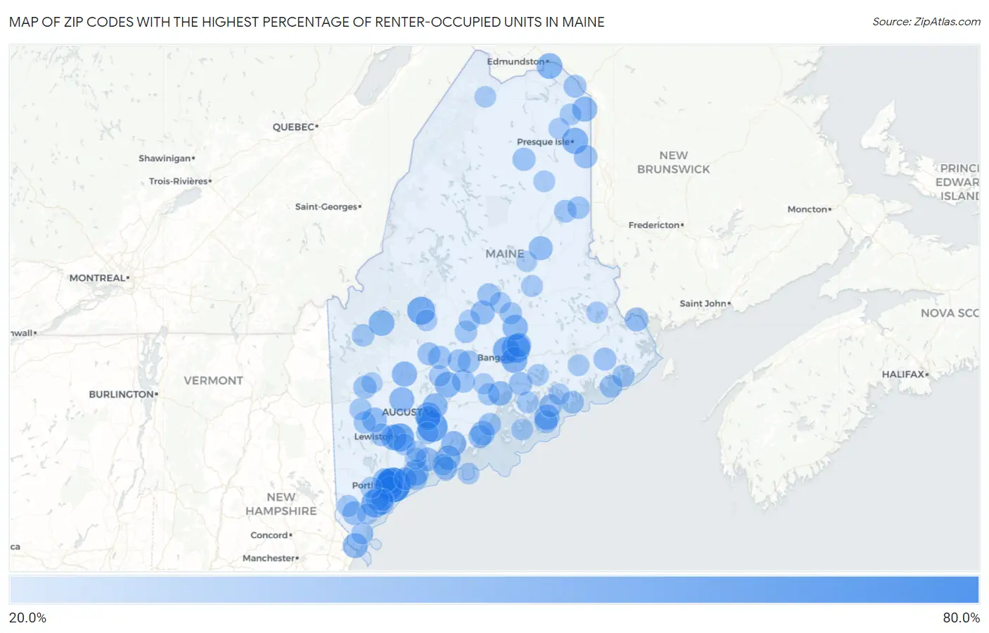 Zip Codes with the Highest Percentage of Renter-Occupied Units in Maine Map
