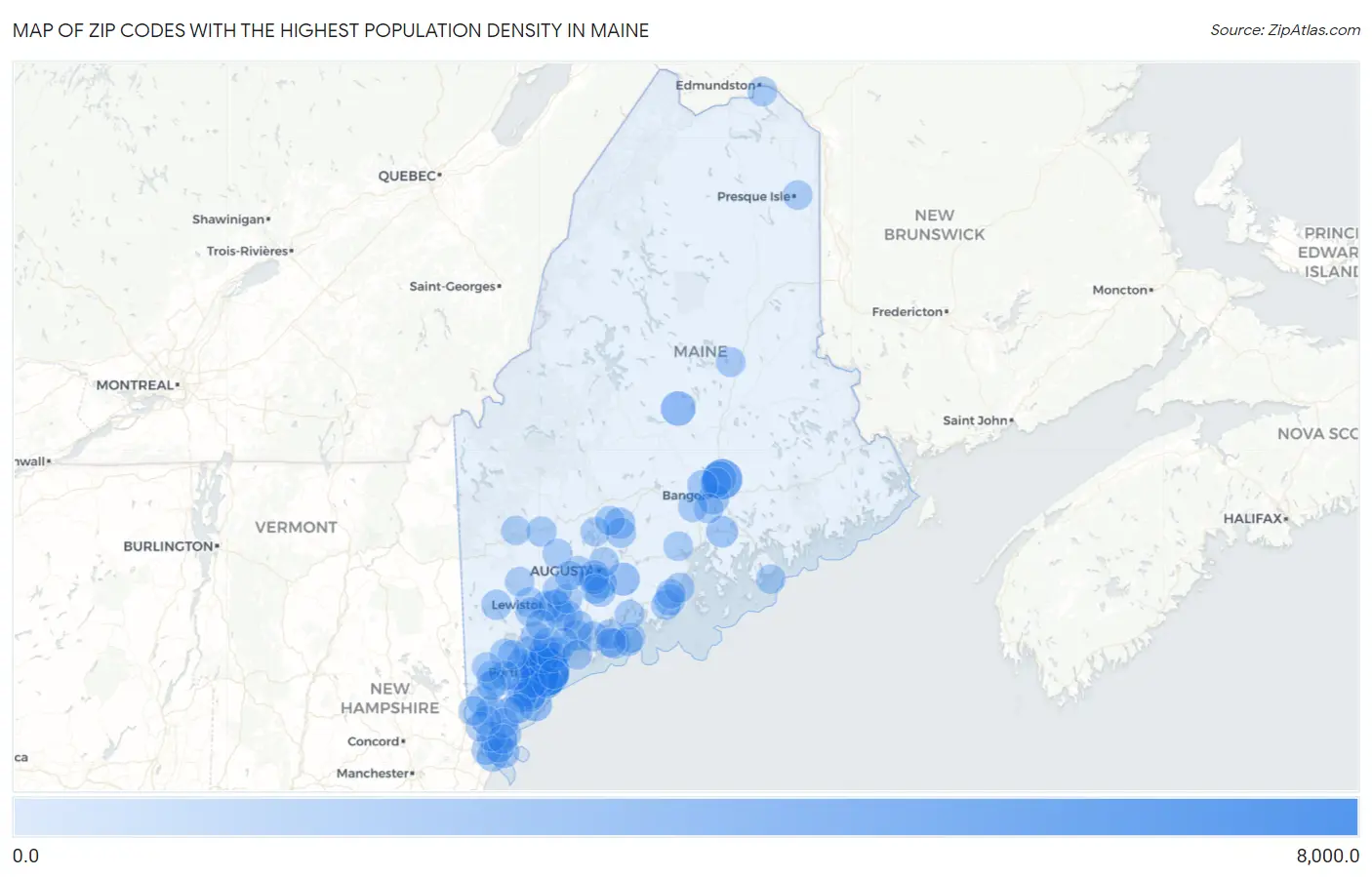 Zip Codes with the Highest Population Density in Maine Map