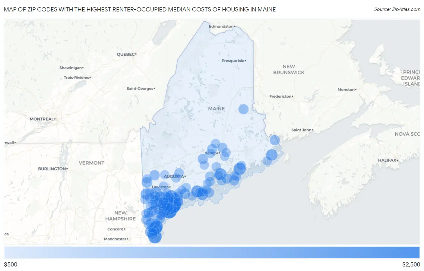 Zip Codes with the Highest Renter-Occupied Median Costs of Housing in Maine Map