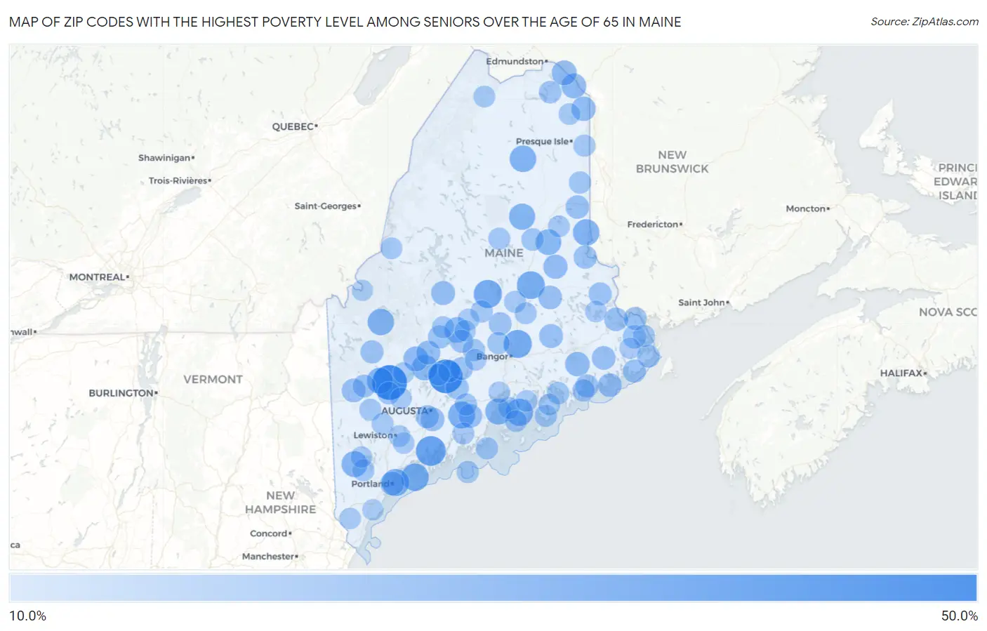 Zip Codes with the Highest Poverty Level Among Seniors Over the Age of 65 in Maine Map
