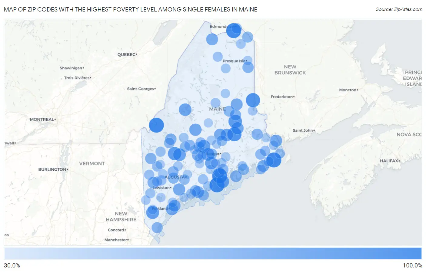 Zip Codes with the Highest Poverty Level Among Single Females in Maine Map