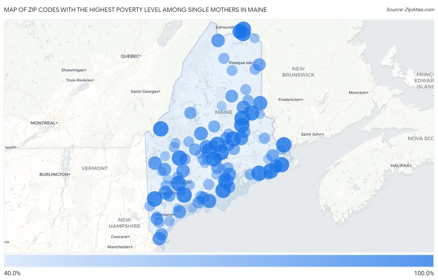 Zip Codes with the Highest Poverty Level Among Single Mothers in Maine Map