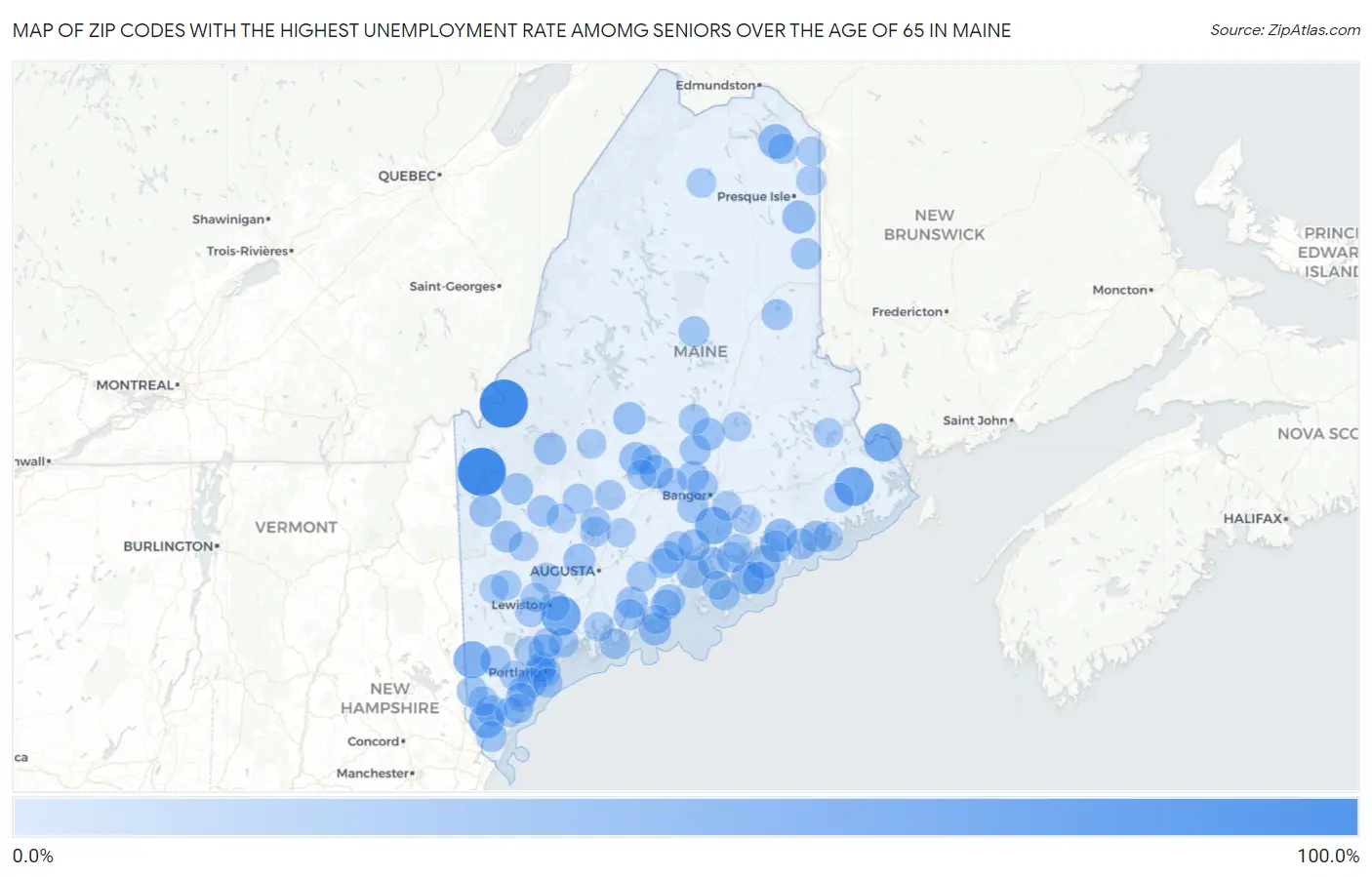 Zip Codes with the Highest Unemployment Rate Amomg Seniors Over the Age of 65 in Maine Map