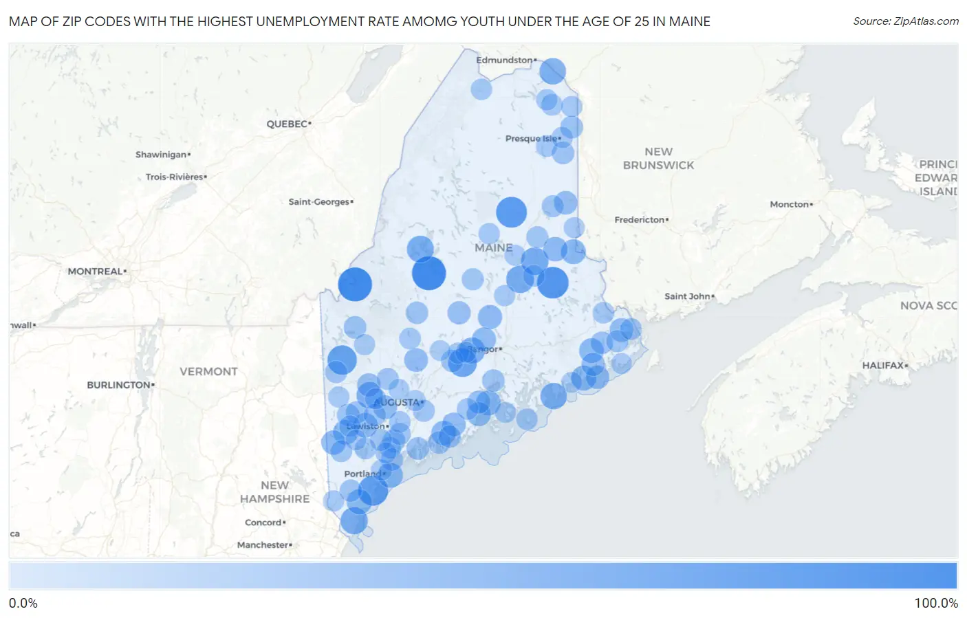 Zip Codes with the Highest Unemployment Rate Amomg Youth Under the Age of 25 in Maine Map