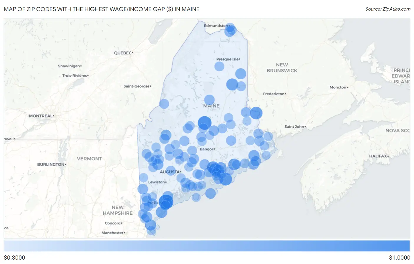 Zip Codes with the Highest Wage/Income Gap ($) in Maine Map